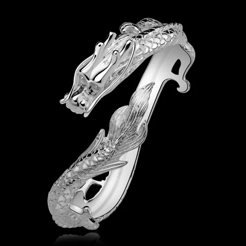 Vista 2 de Pulsera de plata de ley 925 antigua con dragón chino elegante para señora caballero