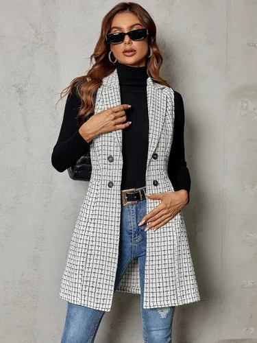 Vista 5 de Floerns Chaqueta de chaleco sin mangas con cuello de solapa para mujer con estampado a cuadros