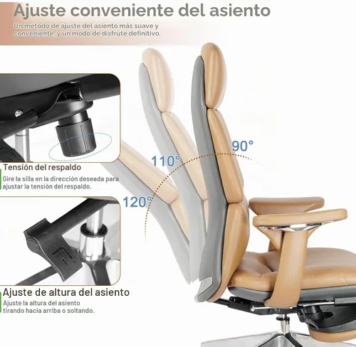 Vista 6 de Silla de oficina ergonómica de cuero genuino con reposapiés de Marrón