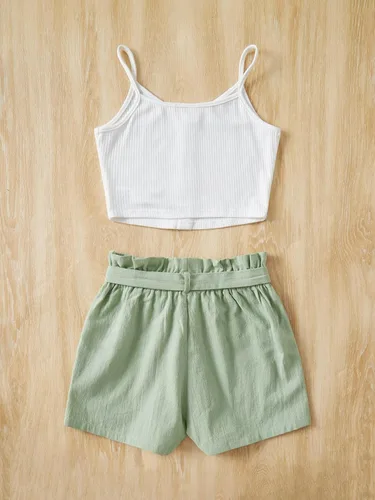 Vista 2 de SHENHE Conjunto de 2 piezas para niña, camiseta sin mangas con botones y pantalones cortos con cinturón