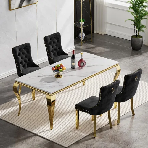 Vista 104 de Juego de mesa de comedor de mármol sintético, 7 piezas, juego de mesa de cocina y comedor para 6, mesa de comedor rectangular blanca de 70 pulgadas