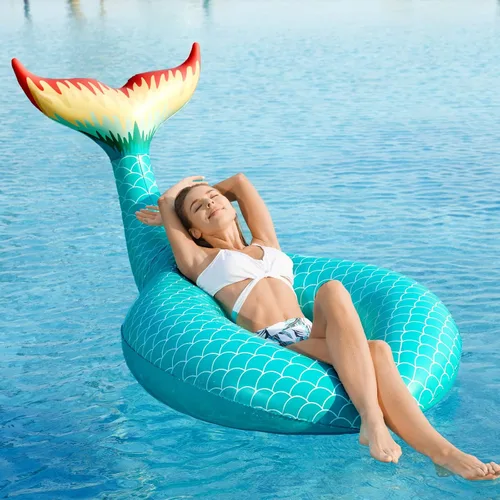 Vista 2 de Jasonwell Flotador inflable gigante de cola de sirena con válvulas rápidas, flotadores de piscina, tubo de verano, playa, piscina, fiesta, balsa