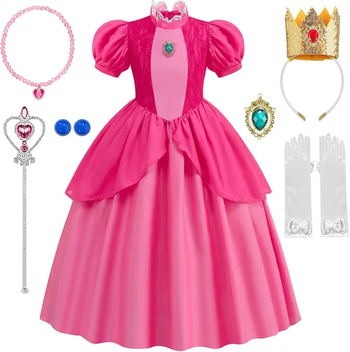 Vista 7 de Mooedcoe Disfraz de princesa melocotón para niñas pequeñas, vestidos de princesa melocotón con accesorios, vestido de princesa rosa