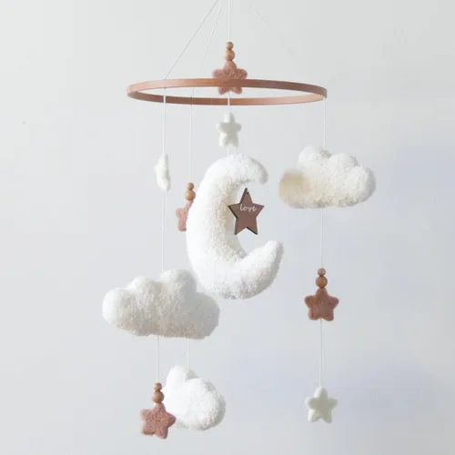 Vista 5 de Móvil para cuna Cloud para niñas y niños, Boucle Cloud Baby Mobile para cuna Neutral Boho Nursery Mobile, estrellas y luna Marrón (Coffee 3)