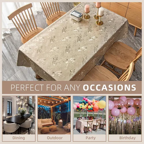 Vista 7 de FAVE Manteles dorados de vinilo para mesa de comedor de cocina, cubierta de mantel de PVC lavable para mesa rectangular para bodas, banquetes