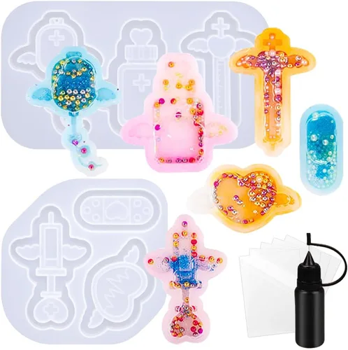 Vista 27 de Conjunto de moldes agitadores de resina, dijes kawaii, paquete de 41 bandejas de silicona, kit de botella aplicadora con punta de precisión, paquete