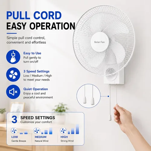 Vista 4 de Wall Mount Solar Fan for Patio, 16" Oscillating Fans, 3 Speeds Quiet Cooling, Solar Panel, Power Adapter, for Home, Garage, Fishing Black