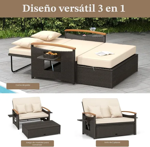 Vista 5 de LDAILY Moccha - Sofá de mimbre para exteriores, sofá biplaza de ratán para patio con respaldo ajustable de 4 niveles, paneles plegables, otomana