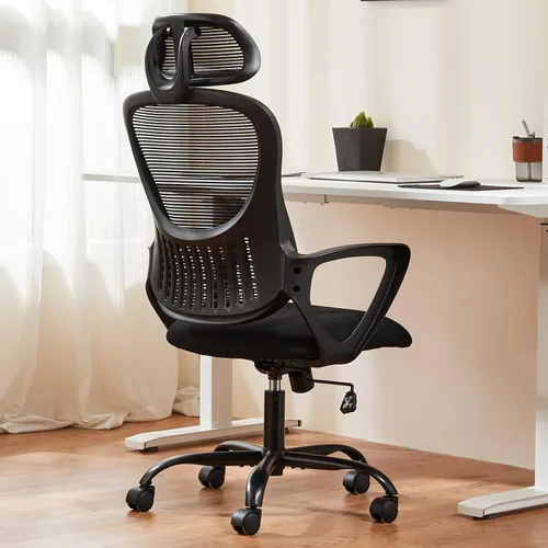 Vista 10 de Sweetcrispy Silla de escritorio para computadora de oficina, ergonómica, con respaldo alto, de malla, con ruedas y reposacabezas ajustables, cómodo