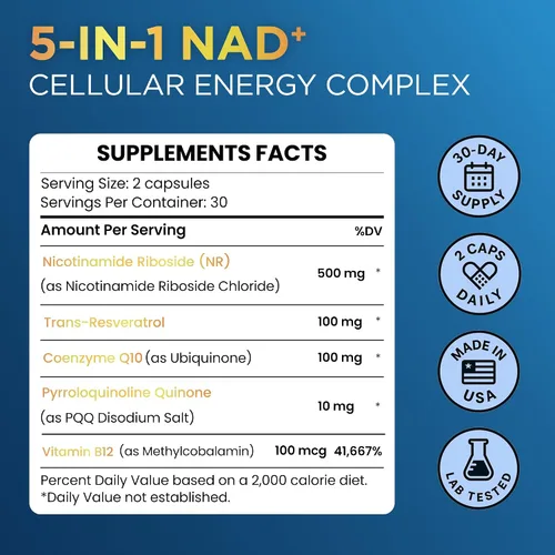 Vista 4 de Suplemento NAD+ con 500 mg NR, resveratrol, CoQ10, PQQ- Fórmula NAD 5 en 1 Alternativa al suplemento NMN NAD Resveratrol apoya la energía