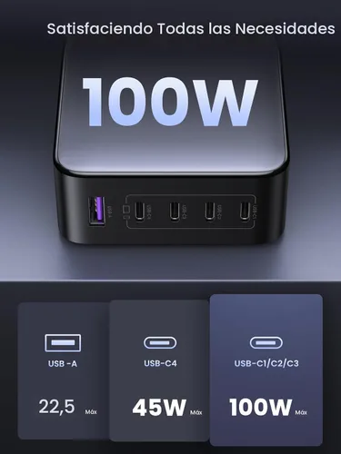 Vista 8 de UGREEN Nexode 100W GaN Cargador USB C para Laptop de 5 Puertos, Adaptador de Corriente de Carga Rápida Compatible con MacBook Pro/Air, iPhone Serie