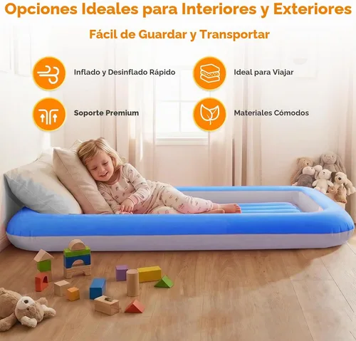 Vista 3 de Cama de aire para niños, colchón inflable para viaje de bebé con laterales, azul