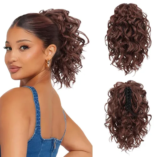 Vista 18 de Flufymooz Extensión de cola de caballo, extensión de cola de caballo corta de 12 pulgadas con pinza de garra, cabello ondulado rizado, clip