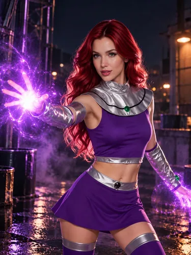 Vista 5 de Disfraz de Starfire para mujer, disfraz de Halloween para niñas, traje de superhéroe Koriandr, vestido superior, guantes, accesorios Morado