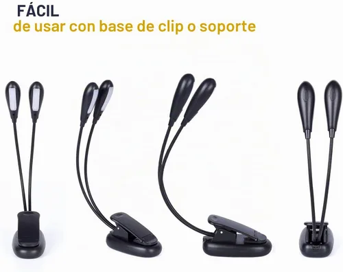 Vista 7 de Lámpara recargable con soporte para música, luz de lectura con clip, lámpara de libro de 8 LED, 3 niveles de brillo para protección ocular, perfecta