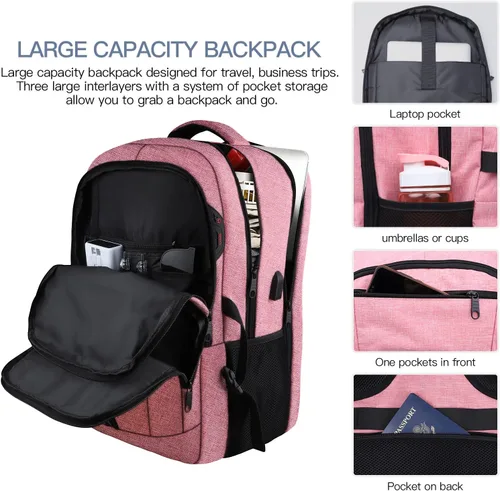 Vista 3 de Mochila de viaje grande, mochila grande para laptop de 17 pulgadas para hombres y mujeres con puerto de carga USB, Rosado, Rosa clásico