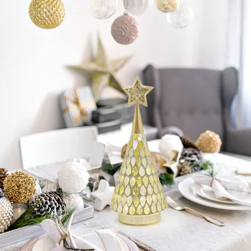 Vista 4 de Árbol de Navidad de vidrio con mosaico dorado con estrella, 2 piezas de árboles de Navidad pequeños de mesa con luz, árbol de Navidad a