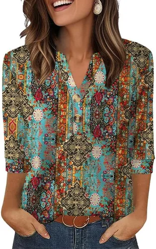 Vista 26 de OFEEFAN - Camisetas de manga 3/4 estilo Henley para mujer, blusas de moda de otoño 2025, atuendos escolares para maestras Raya