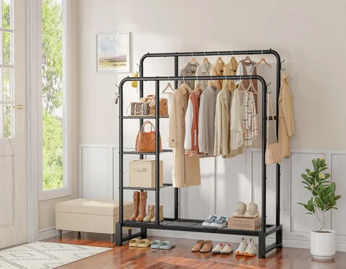 Vista 7 de Perchero de doble barra con estantes de almacenamiento de 4 niveles, perchero para colgar ropa, organizador multifuncional de ropa resistente