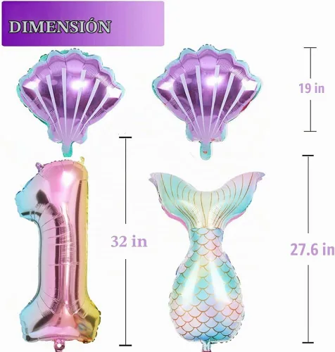 Vista 3 de Kit de decoración de cumpleaños de sirena sdquskin: 6 globos verdes de sirena (número 1) para niñas