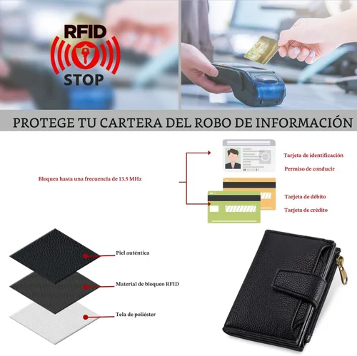 Vista 6 de Airkit Cartera para mujer, pequeña cartera de cuero para mujer, plegable, compacta, con bloqueo RFID, tarjetero de crédito, mini bolso de viaje