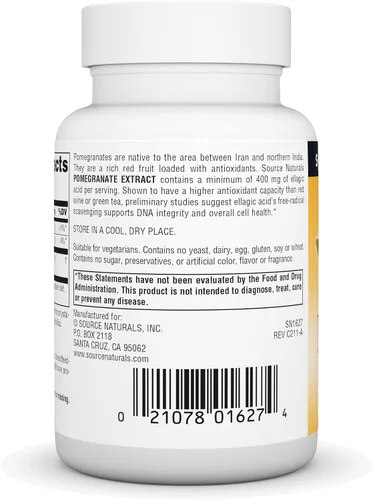 Vista 3 de Source Naturals Extracto de granada 500mg completo con fruta entera, ácido elágico antioxidante y fibra añadida - 60 tabletas
