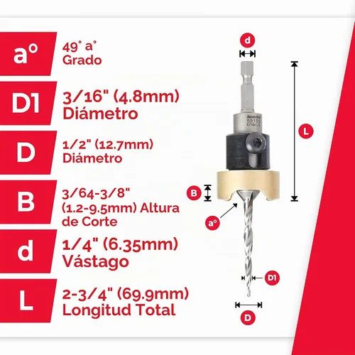 Vista 4 de Amana Tool Avellanador de 82 grados con broca cónica y tope de profundidad ajustable, 55155, 1/2 D x 3/16 D de broca x vástago hexagonal