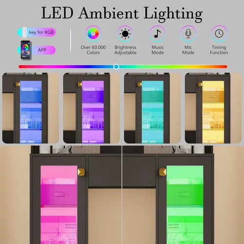 Vista 5 de Wodeer Pequeño escritorio de maquillaje con espejo y luces, tocador con armario de cristal, luces LED y toma de corriente, cajón y gabinetes