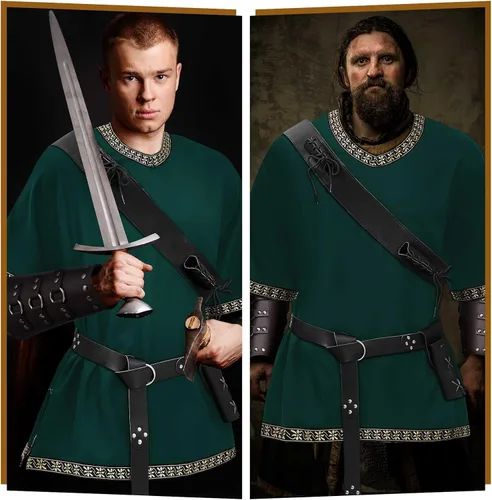 Vista 3 de 6 piezas de Halloween para hombre, accesorios medievales para disfraz, túnica vikinga, camisa renacentista, caballero de cuero sintético, brazaletes