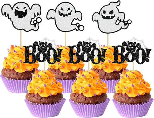 Vista 28 de 24 piezas de decoración de magdalenas Ghost One con purpurina para Halloween, fantasma, para magdalenas, decoración de magdalenas, fantasma, uno