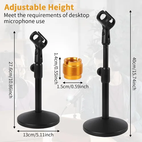 Vista 2 de 2 juegos de soporte ajustable para micrófono de escritorio, soporte de micrófono de mesa con tornillo macho de 5/8 pulgadas a 3/8 pulgadas hembra