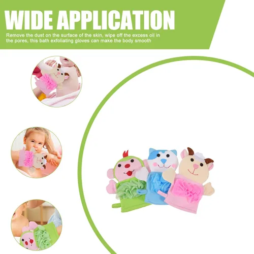 Vista 3 de LALAFINA 3 guantes de baño con bonito patrón de dibujos animados para niños y niñas, exfoliantes de ducha, suministros de baño ligeros y seguros