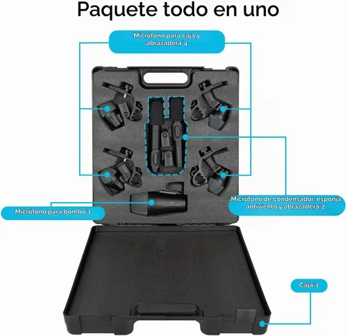 Vista 5 de happymusic M7 - Kit de micrófono de batería con cable, 7 piezas de metal dinámico de micrófono y platillos de bajo dinámico, uso para batería vocal