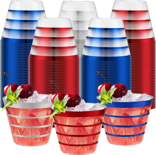 Vista 10 de Gejoy 50 vasos de plástico a rayas negras de 9 onzas, desechables a granel, vasos de plástico duro para beber, vasos para bodas, reuniones, Negro