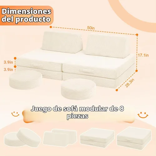 Vista 2 de MeMoreCool - Sofá modular para niños, 8 piezas, color beige