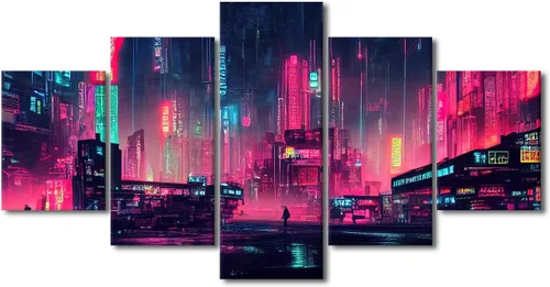 Vista 41 de Póster de 5 paneles en lienzo para decoración de pared, diseño de centro urbano Cyberpunk, impresión moderna, decoración de pared para el hogar