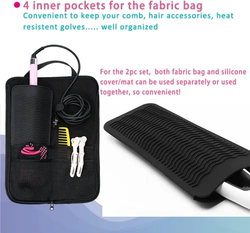 Vista 3 de WK IEASON 2 piezas de funda de plancha plana para el cabello, bolsa de lona, resistente al calor, rizador de silicona, para herramientas de cabello
