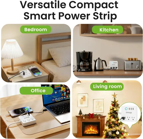 Vista 7 de GHome Smart Regleta protectora contra sobretensiones 10A, enchufe inteligente que funciona con Alexa y Google Home, tomas WiFi 6 en 1 con control