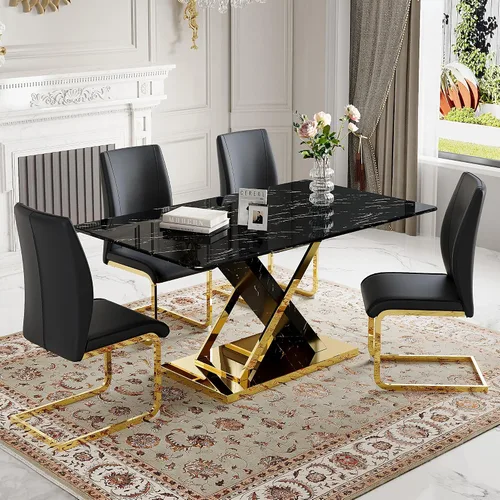 Vista 14 de Juego de mesa de comedor de mármol para mesa rectangular blanca de 6.63 pulgadas con marco de metal plateado en forma de X y 6 sillas de comedor