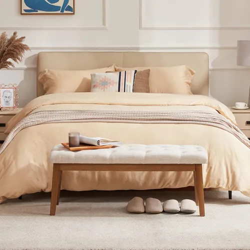 Vista 5 de HUIMO Upholstered Bench, Button Tufted Dining Bench (Beige) con patas de madera maciza, banco de extremo de cama para dormitorio, entrada, sala