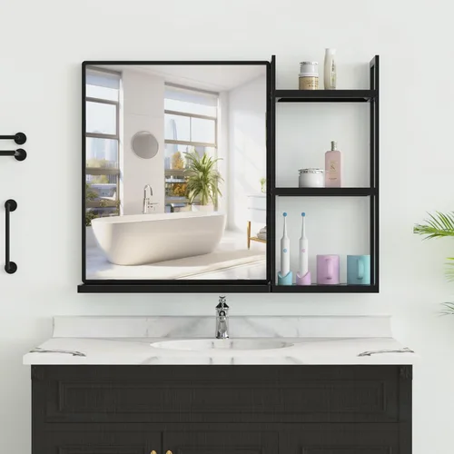 Vista 13 de Espejo de baño con estante, espejo de pared rectangular negro, marco de metal, colgante horizontal o vertical (24 x 20 pulgadas)