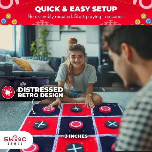 Vista 5 de Swooc Games® - Juego Vintage Gigante de Damas y Tres en Raya 2 en 1 con Tapete (3 pies x 3 pies) - Lona 100% Lavable a Máquina - Juegos Gigantes al