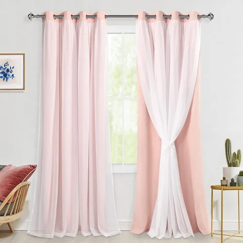 Vista 52 de Hiasan Cortinas opacas con superposición transparente, aislamiento térmico para mezclar y combinar de doble capa, cortinas de oscurecimiento de Beige
