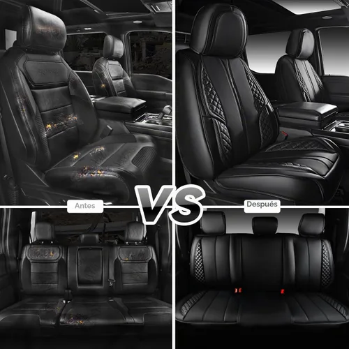 Vista 5 de CAR PASS Juego completo de fundas de asiento de automóvil de piel de napa para automóvil, protector de asiento de lujo para automóviles, Negro
