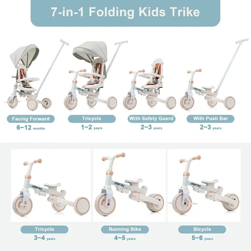 Vista 7 de Triciclo de bebé 7 en 1, triciclo plegable para niños, pedal extraíble para edades de 1 a 6 años, color azul 7 en 1