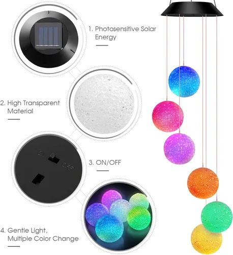 Vista 4 de Remon - Campanas de viento solares que cambian de color con luz LED, funciona con energía solar, para colgar campanas de viento, impermeable