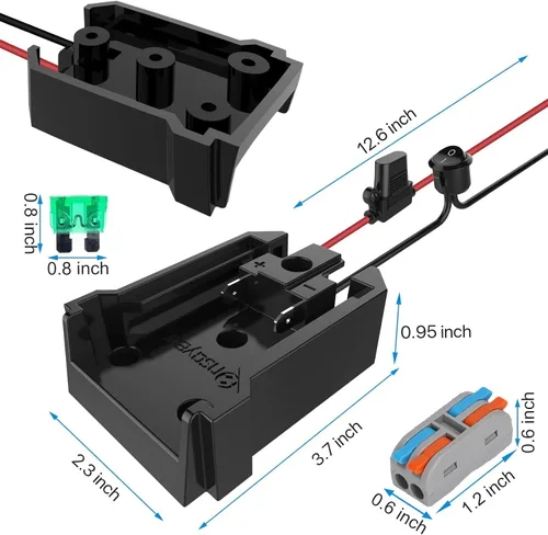 Vista 4 de Adaptador de rueda eléctrica con fusible e interruptor para batería Milwaukee de 18 V, adaptador de batería hermético no soplado con fusible de 30 A