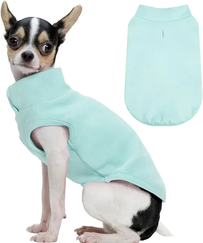 Vista 23 de FUAMEY Chaleco de forro polar para perros pequeños, sudaderas cálidas y elásticas para perros con agujero para correa, suéter suave de cuello alto