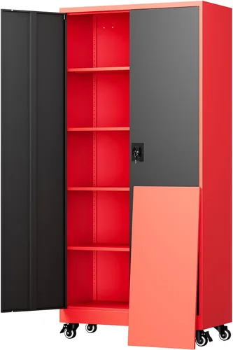 Vista 24 de Yizosh Armario de almacenamiento de metal para garaje con 2 puertas y 5 estantes ajustables, gabinete de archivo de acero con cerradura de 71