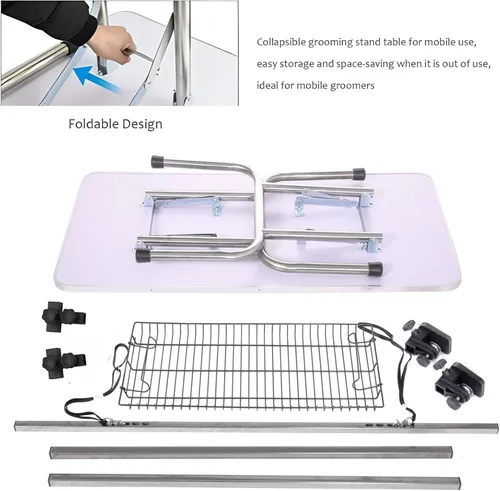 Vista 6 de Mesa de aseo profesional ajustable para mascotas, de 42 pulgadas, resistente, con brazo y bandeja de malla para perros y gatos, capacidad máxima